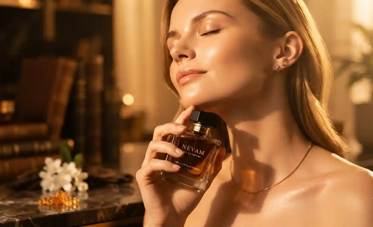 Woman with closed eyes holding a NEVAM perfume bottle to her neck